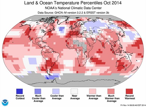 Mapa porovnání teploty v říjnu 2014 oproti dlouhodobému průměru.