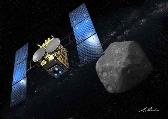 Ilustrace japonské sondy Hajabusa 2 u asteroidu 1999 JU3