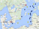 Mapa incident s ruskými vojenskými letouny a plavidly v okolí severských stát