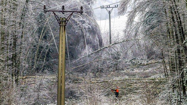 Popadané stromy na elektrické vedení u Rtenína na Chrudimsku.