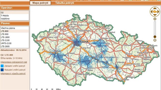 Mapa pokryt stmi vysokorychlostnho pstupu k internetu u O2 v psmu 800 MHz