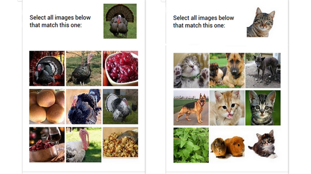 Mobilní uživatelé v rámci nové reCAPTCHA vybírají „všechny obrázky dole, které odpovídají tomu nahoře“. Vyberete tedy například čtyři kočky v devíti obrázcích zvířat.