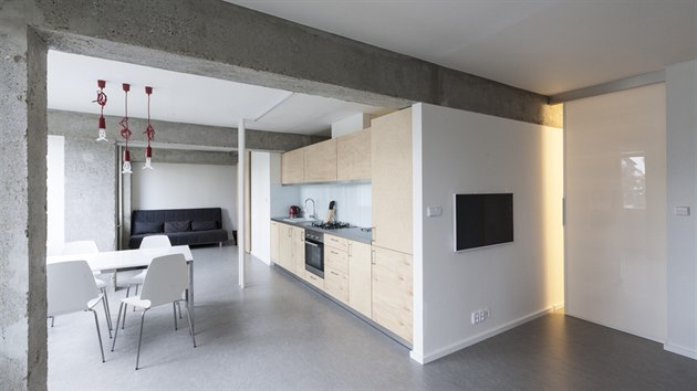 Rekonstrukci panelovho bytu navrhly architektky Klra Makovcov a Pavlna Machkov v minimalistickm industrilnm duchu.
