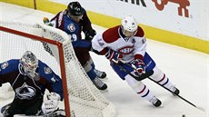 Tomá Plekanec se snaí prosadit pes dvojici Nathan MacKinnon a Calvin Pickard...