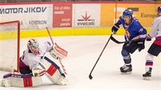 David Gába z �eských Bud�jovic zasahuje v utkání s Kladnem.