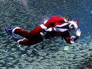 Dressed in a Santa Claus outfit, a diver swims with sardines to celebrate for...