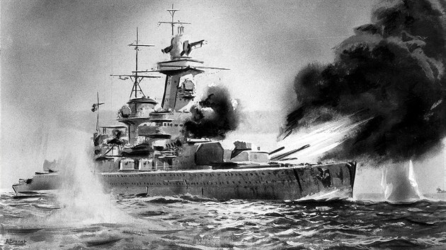 Kapesn kink Admiral Graf Spee v akci. Dobov ilustrace.
