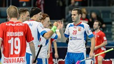 Čeští florbalisté se radují z gólu v duelu s Dánskem. Vpravo je Martin Tokoš, s...