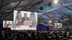 Prezident Peru Ollanta Humala bhem vystoupení na klimatické konferenci v Lim.