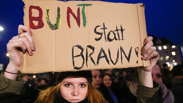 Stoupenkyně hnutí Vlastenečtí Evropané proti islamizaci Západu (Pegida) drží na pondělní demonstraci v Drážďanech karton s nápisem „barevný místo hnědý“.