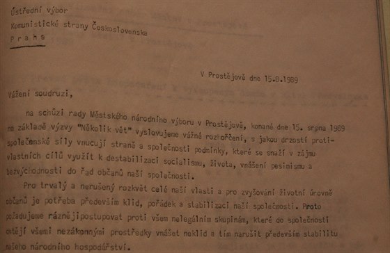 Dopis z 15. srpna 1989 adresovaný Ústednímu výboru KS, který odhlasovalo...