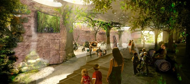 Nový pavilon goril v horní části pražské zoo (na vizualizaci) vznikne podle...