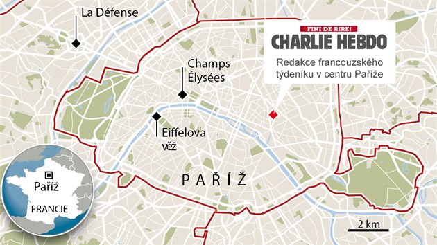 MAPKA: Redakce tdenku Charlie Hebdo v centru Pae