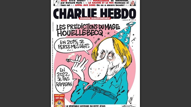 Aktuln oblka asopisu s karikaturou spisovatele Houellebecqa.