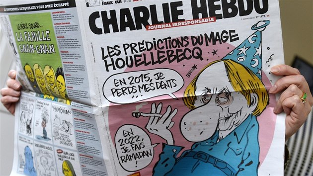 Obal aktulnho vydn satirickho tdenku Charlie Hebdo, na kterm je zpodobnn autor kontroverzn knihy o islmu Michel Houellebecq (7. ledna 2015).