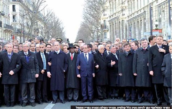 Upravený snímek státníků z nedělního pařížského pochodu, který otiskl...
