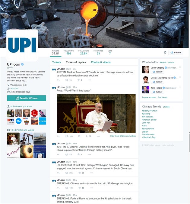 Hacke�i napadli twitterový ú�et agentury UPI (16. ledna 2015).