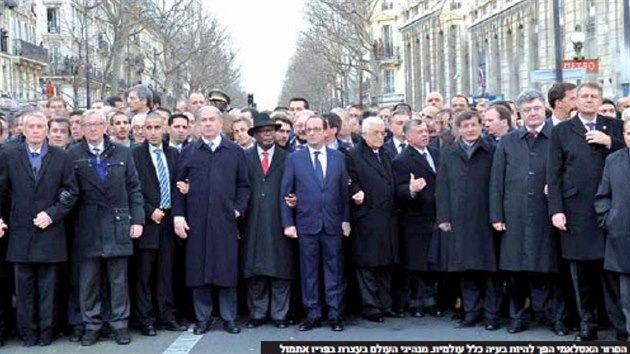 Upravený snímek státníků z nedělního pařížského pochodu, který otiskl ultraortodoxní židovský deník HaMevaser.