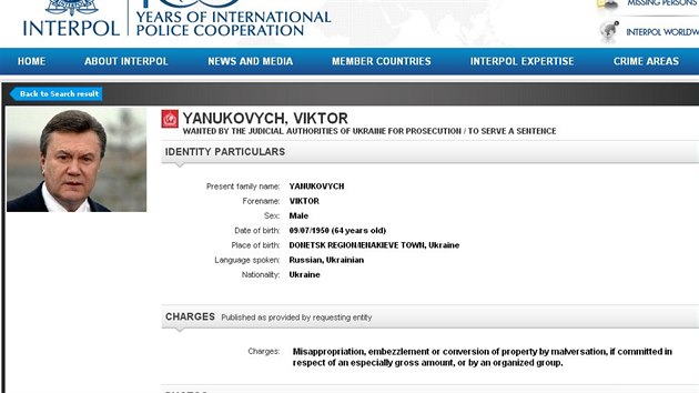 Interpol vyhlsil ptrn po bvalm ukrajinskm prezidentovi Vikorovi Janukovyovi.