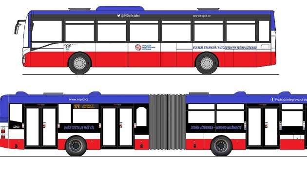 Takto vyveden (v modro-blo-erven barv) by podle organizace Ropid mly vypadat autobusy vozc cestujc v rmci Prask integrovan dopravy