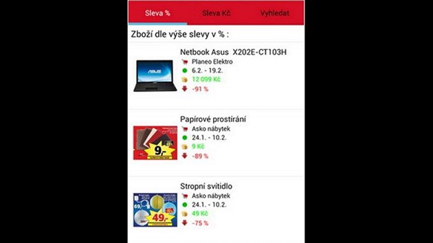 Pehled slev v procentech v aplikaci AknCeny.cz