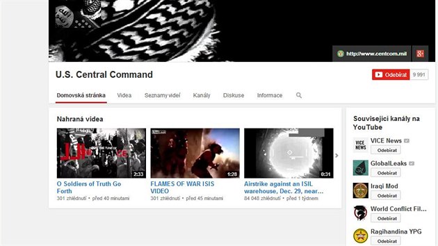 Napadený účet Ústředního velení USA na serveru YouTube.com (12. ledna 2015)