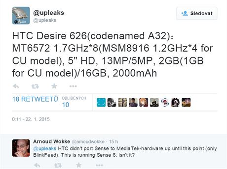 Tweet odhalujc vbavu chystanho HTC Desire 626