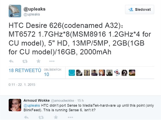 Tweet odhalujc vbavu chystanho HTC Desire 626