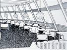 Pvodní návrh interiéru kavárny z roku 1964 je od Otakara Binara.
