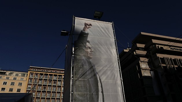 Billboard fa hnut Syriza Alexise Tsiprase v Atnch (20. ledna 2015)
