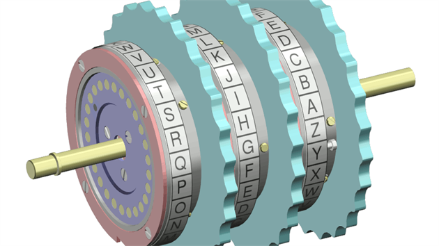 Enigma pro Wehrmacht měla tři šifrovací rotory (na obrázku), enigma Kriegsmarine měla čtyři rotory.