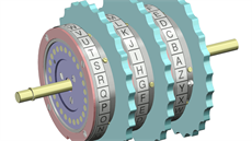 Enigma pro Wehrmacht měla tři šifrovací rotory (na obrázku), enigma...