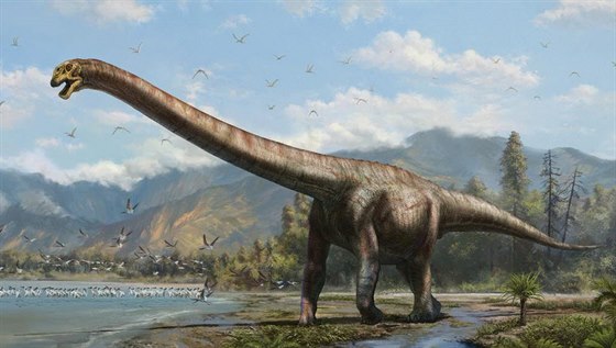 Umělcovo ztvárnění nového dinosaura Qijianglonga s extrémně dlouhým krkem.