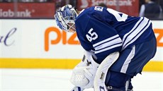 Jonathan Bernier z Toronta je dole, práv� dostal gól z poloviny h�i�t�.