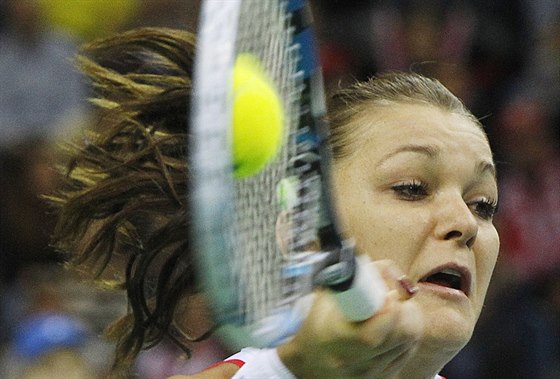 Polka Agnieszka Radwaská v utkání Fed Cupu proti Rusku.