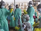 Zdravotníci, kteí pomáhají nakaeným ebolou v Libérii (30. ledna 2015).