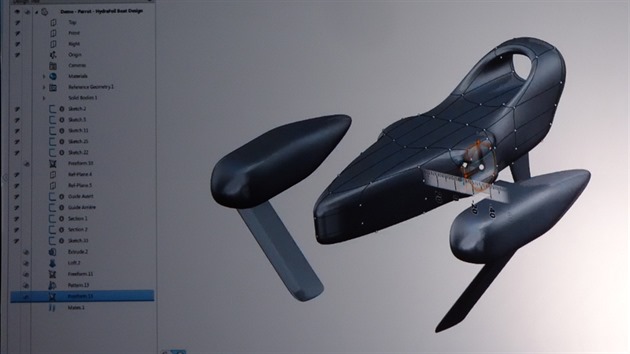Rozhran programu Solidworks Industrial Design a nkres vodnho dronu.