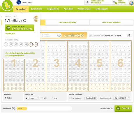 Webová aplikace Eurojackpot sázkové spolenosti Lottoland