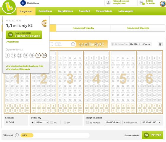 Webová aplikace Eurojackpot sázkové společnosti Lottoland
