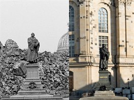 Kombinace snímk� zabírajících drá��anský kostel Panny Marie v roce 1967 a 2015....