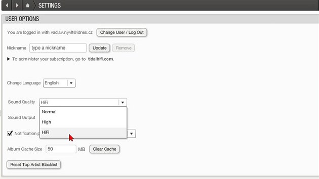 Nastaven kvality pehrvn - volba Hi-Fi je dvodem, pro k Tidalu pejt napklad ze Spotify. 