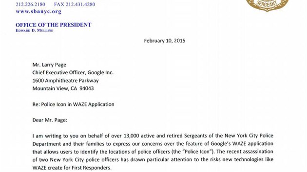 Dopis Edwarda Mullinse, prezidenta policejnch odbor v New Yorku, fovi spolenosti Google. Mullins l nebezpenost aplikace Waze pro policisty a d npravu.