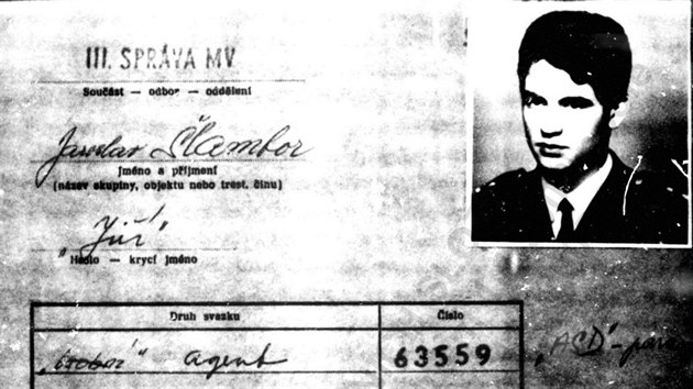 Záznamy Jaroslava Šlambora jakožto spolupracovníka vojenské kontrarozvědky. Agent číslo 63559 vystupoval pod krycím jménem Jiří, které si sám zvolil.