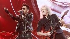 Zpěvák Adam Lambert a kytarista Brian May na koncertě, který Queen odehráli 17....