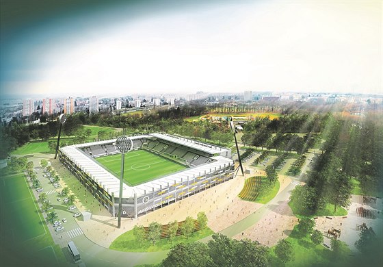 Koncept hradeckého fotbalového stadionu od Daniela a Pavla Němečkových se jen v detailech liší od studie architekta Tomáše Vymetálka (na snímku).