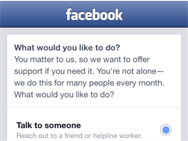 Facebook nabízí pomoc, když jeho uživatele přepadnou myšlenky na sebevraždu.