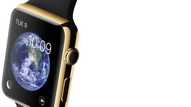 Žlutá barva zlata a černý pásek, který je uchycený přímo do těla. To je jedna z verzí chytrých hodinek Apple Watch Edition.
