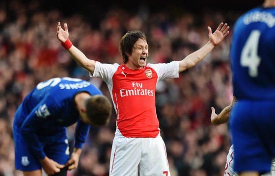 Tomá Rosický z Arsenalu se raduje ze svého gólu proti Evertonu.