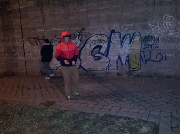 Sprejei u erstv vytvoeného graffiti v Lomnického ulici na Pankráci.