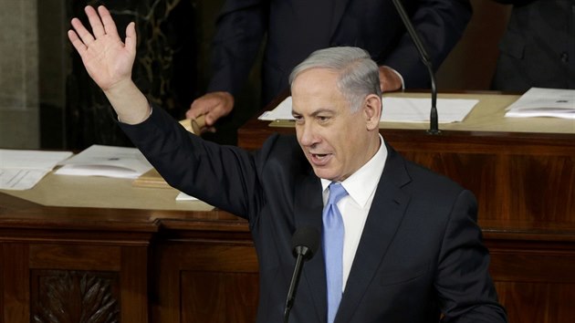 Izraelsk premir Benjamin Netanjahu bhem svho projevu v americkm Kongresu. (3. bezna 2015)